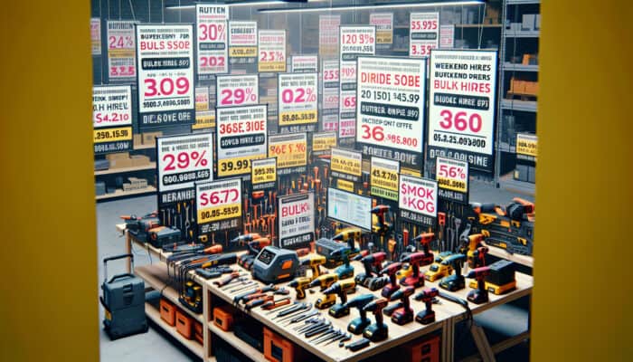 Tool Rental Discounts for House Clearance: A vibrant assortment of power tools on a workbench adorned with discount tags and promotional banners in a bustling tool rental establishment.