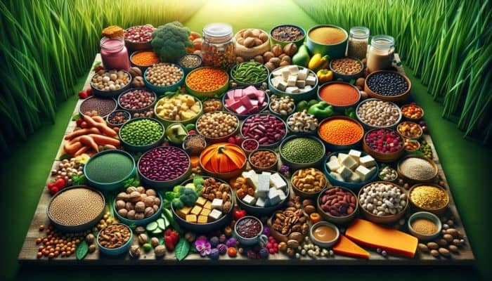 A vibrant array of plant-based proteins displayed on a table, showcasing legumes, grains, nuts, seeds, tofu, tempeh, seitan, and nut butters against a green backdrop.