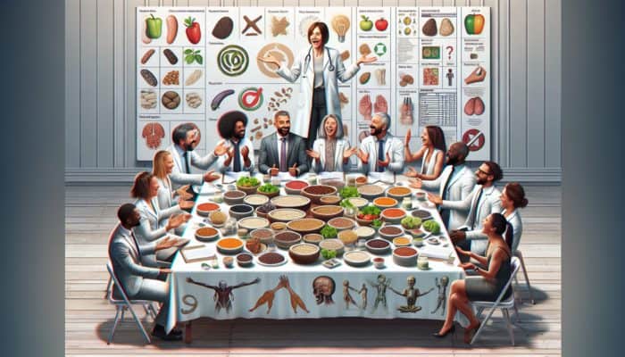 A table filled with tofu, lentils, quinoa, and nutrition experts discussing, complete with charts and graphs.