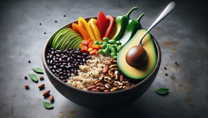 A vibrant bowl featuring brown rice, black beans, bell peppers, avocado, and nuts, exemplifying a balanced, nutrient-dense meal.