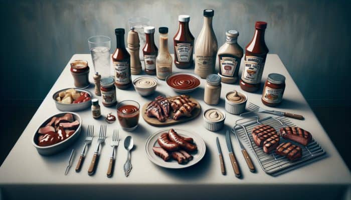 A table displaying Kansas City BBQ sauce in a jar, Alabama white sauce in a bowl, and a custom BBQ sauce in a bottle, alongside grilling tools and meats.