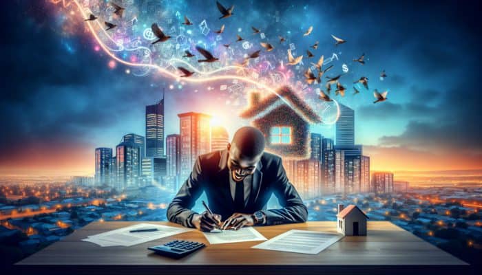 First-time buyer in Randburg signing mortgage, city skyline and declining interest rate graph in background.