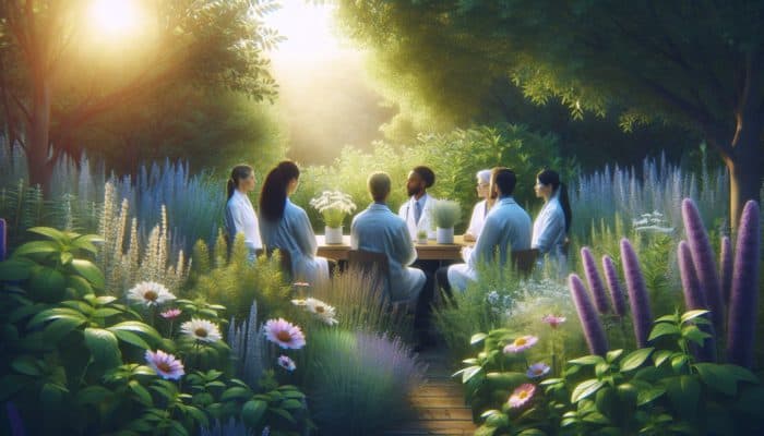 A peaceful garden with St. John's Wort and lavender, featuring experts discussing depression treatment.