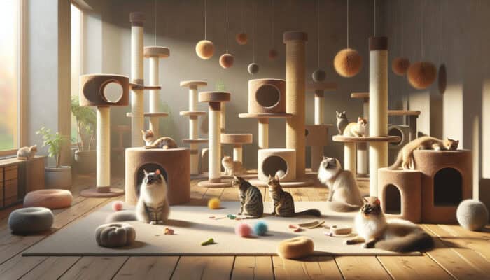 A peaceful room filled with cat towers, posts, and toys where multiple cats coexist and play harmoniously.