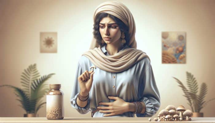 A person experiencing slight bloating, thoughtfully holding mushroom supplements in a calm, neutral room.