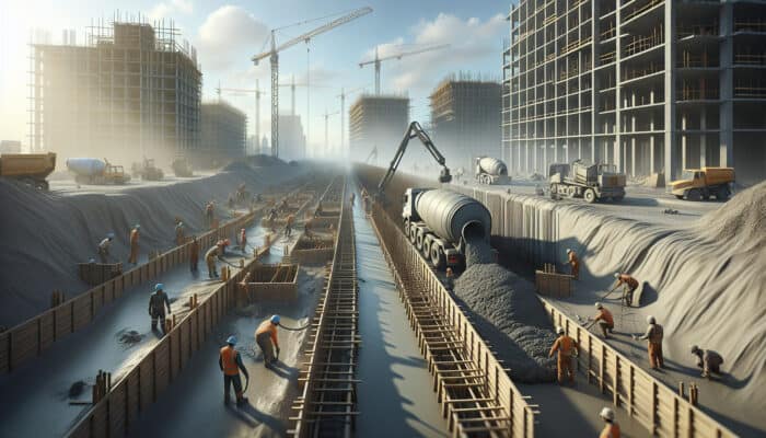 Workers installing a concrete drainage system at an urban site, demonstrating excavation to curing stages.