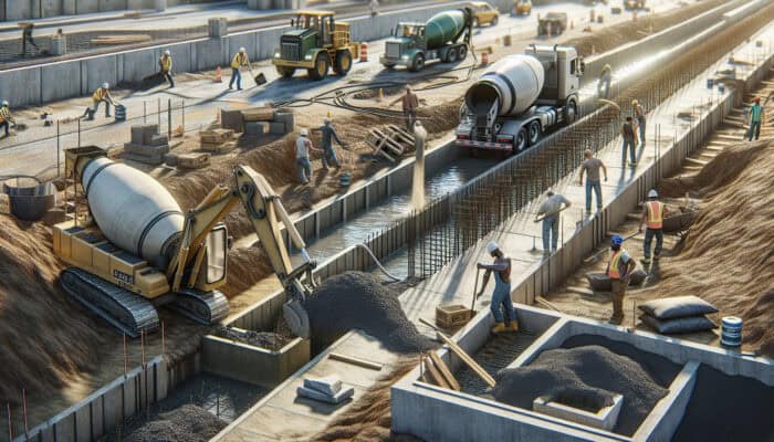 Excavator digging a trench, concrete mixer pouring into a catch basin, workers using compaction tools on a construction site.
