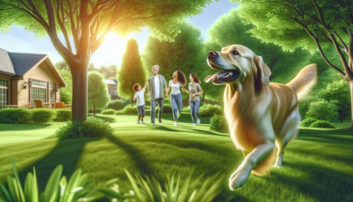 A cheerful Golden Retriever playing fetch in a park, strengthening family bonds.