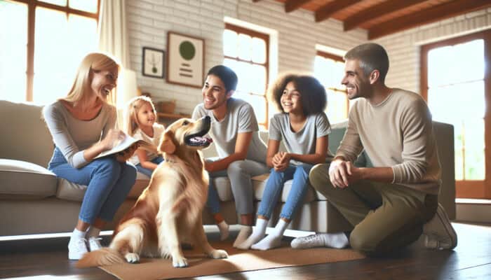 Golden Retriever joyfully interacting with family, practising sit, stay, come commands in the living room.
