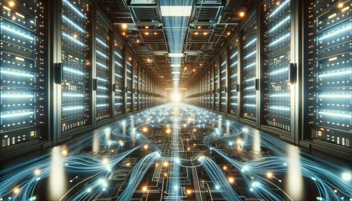 A modern server room illuminated with caches enhancing data speed through light streams.