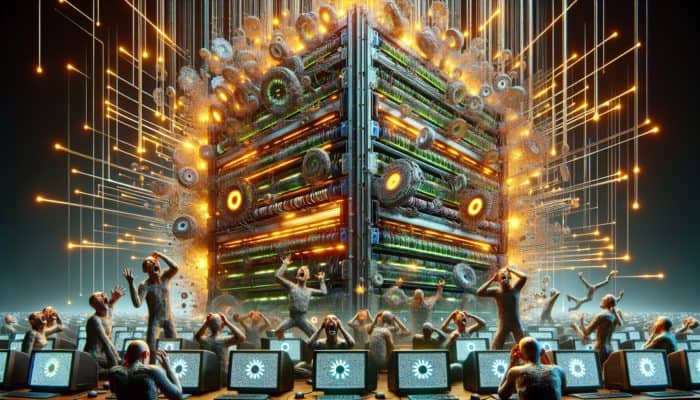 A server overwhelmed with outdated data, with frustrated users encountering old information, highlighting the need for fresh caching.
