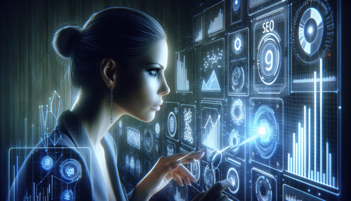 A digital marketing expert examining SEO data on a futuristic interface with holographic graphs and keywords, optimising AEO strategies.