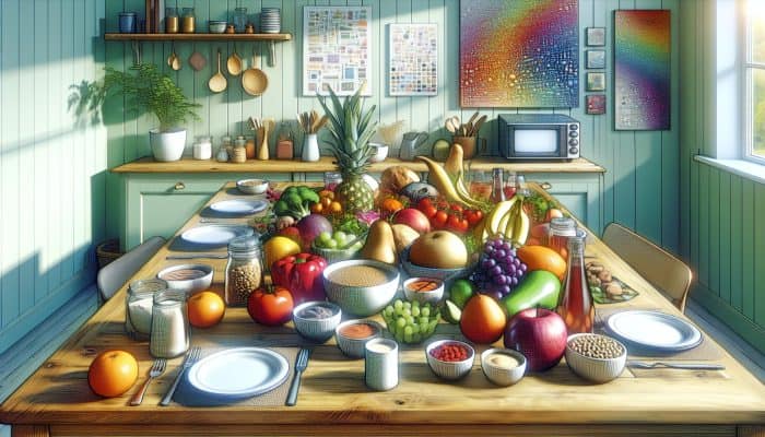 A colourful UK kitchen table with a variety of vegetarian dishes, showcasing a balanced meal plan.