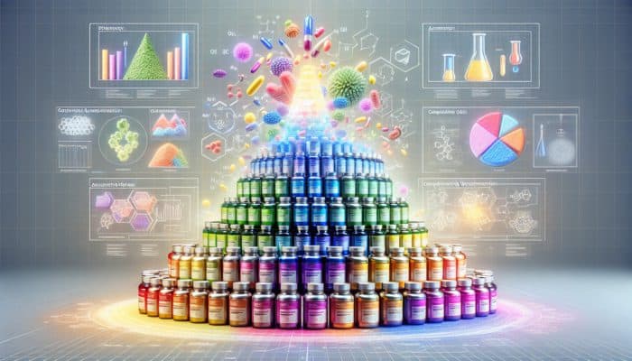 Safety Tips for Stacking Supplements: Colorful supplement bottles stacked strategically, symbolising enhanced wellness, on a biochemical diagram background.
