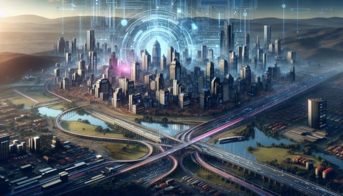 Futuristic Pietermaritzburg skyline showcasing new transport routes and modern commercial developments promoting urban renewal.