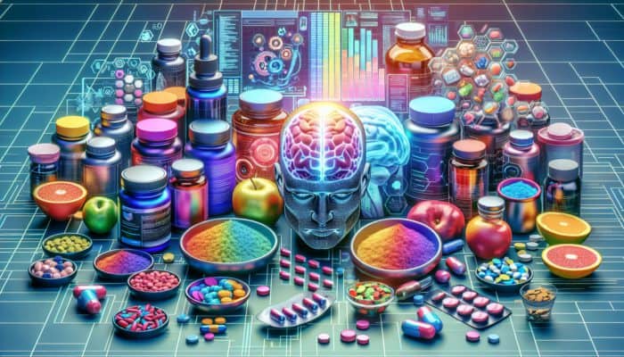 Nootropics in Sports Nutrition: A vibrant array of nootropic supplements, pharmaceuticals, and functional foods on a table, symbolising enhanced cognitive function for athletes.