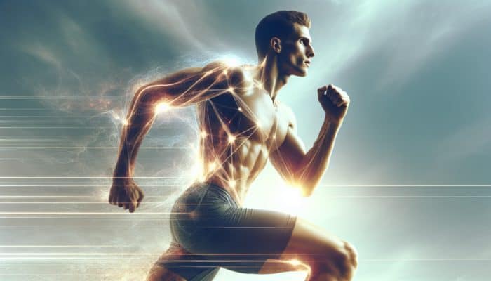 Athlete running on track, energized and focused, with a glow symbolising nootropic effects.
