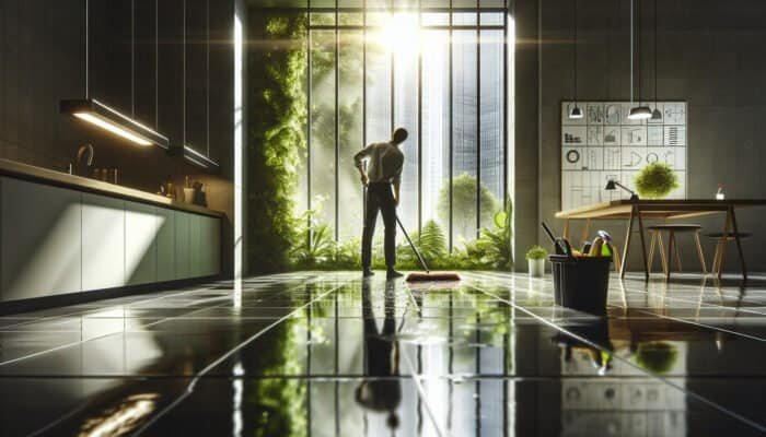 Individual in West Dunbartonshire cleaning slate floors using eco-friendly solutions, with natural light and greenery in view.