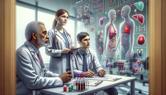 A medical illustration of liver blood testing in a modern Bloxwich clinic, featuring experts and equipment.