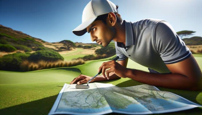 Golfer in South Africa studying the green's slope with a specialised putter and course map under a vibrant sun.