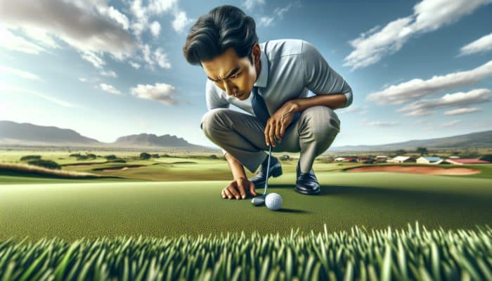 Golfer analysing kikuyu grass grain on a South African green, with the ball rolling slower against the grain, distant hills in the background.