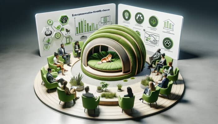 A snug pet bed crafted from recycled materials, reviewed by experts in a green-themed studio.