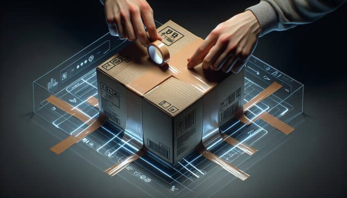 A person applying packing tape evenly across a cardboard box's seams, using multiple strips for security.
