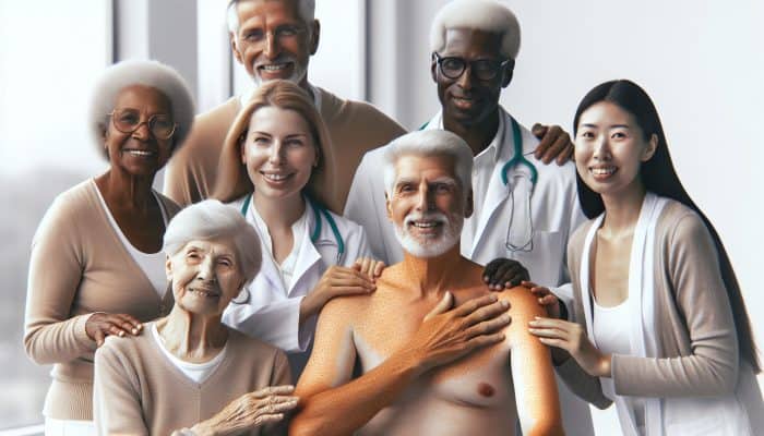 Elderly person with darker skin pigmentation indoors at risk of vitamin D deficiency during health check.