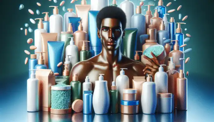 A person with radiant skin, surrounded by skincare products, symbolising a comprehensive routine for enhanced skin health.