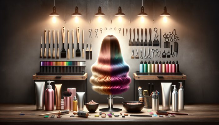 Dull hair transforming into vibrant colors in a modern salon with expert products.