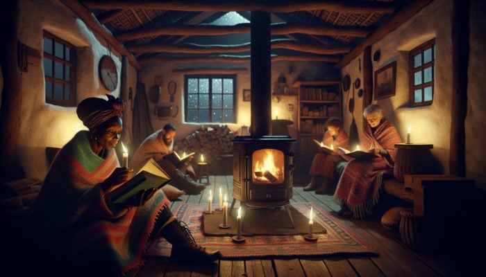A cosy room with people using a wood stove and candles for warmth during a power outage, reading survival guides.
