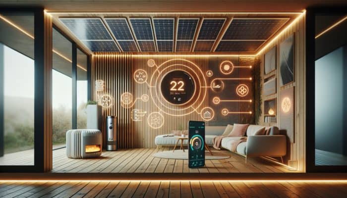 A cosy room with solar heater, advanced insulation, and smart thermostat controlled by mobile app.