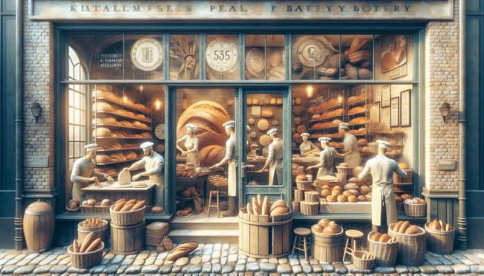 A vibrant Plymouth bakery showcasing fresh bread and signs promoting local SEO visibility.