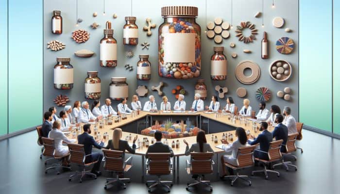 Health experts at a conference discussing clean-label supplement demand, with charts and organic product displays.