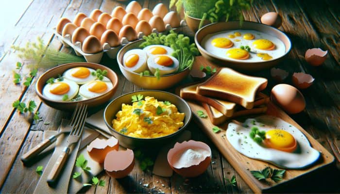Colourful breakfast scene with scrambled, fried, and boiled eggs on a rustic table adorned with fresh herbs and toast.