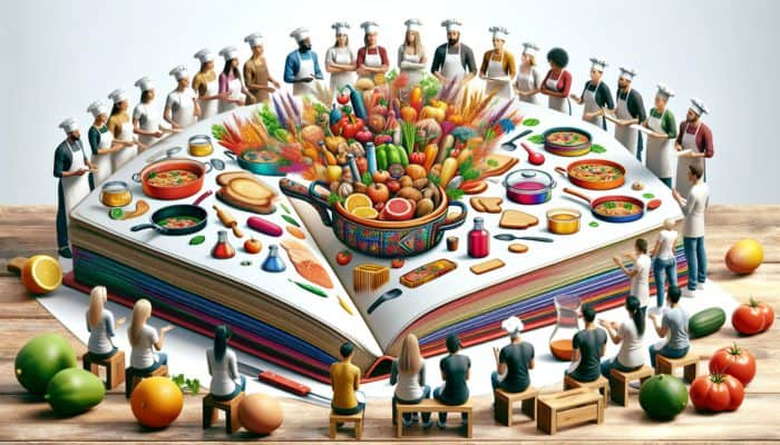 Warm kitchen scene featuring novice cooks learning easy recipes from expert chefs using an illustrated cookbook.