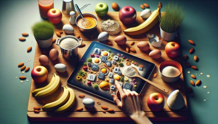 A beginner cook utilises a tablet to learn about ingredient substitutions in a vibrant kitchen, surrounded by eggs, applesauce, bananas, almond flour, and oats.