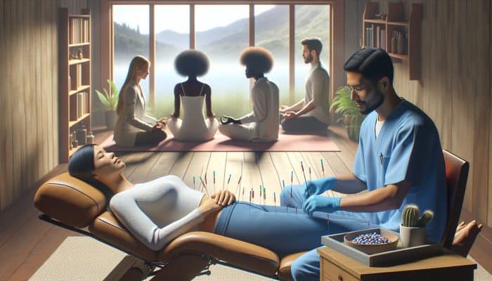 A serene therapy room with a patient receiving acupuncture, engaging in CBT, with a counselor and a mindfulness group visible, symbolising integrated treatment for alcohol dependency.