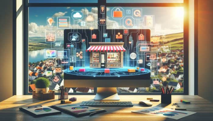 Showcasing WooCommerce Store Setup in Keynsham for Small Business: A computer screen displaying an online store with various products, payment options, and shipping choices, set against Keynsham's townscape.