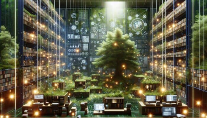 Creating Evergreen Blog Posts for Traffic: A timeless library with glowing evergreen books amidst a lush forest, symbolising enduring content relevance and engagement.