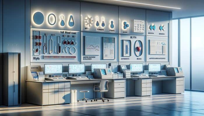 Modern laboratory in Blyth equipped with advanced automated blood analyzers and screens displaying precise full blood count results.