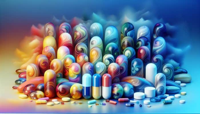 Colourful capsules and tablets with Vitamin C, B vitamins, zinc, and iron on a blue background.