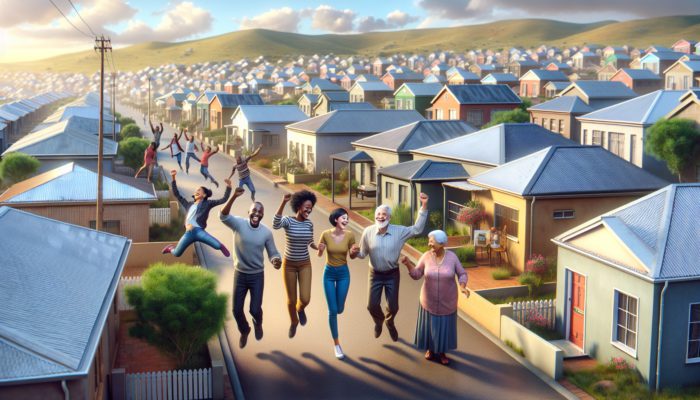 A vibrant Soweto neighborhood with diverse homes and people celebrating new homeownership through various home loans.
