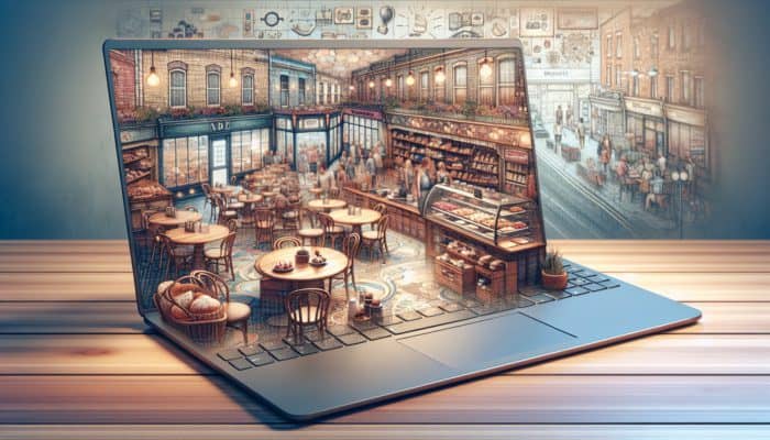 Blog Writing in Weymouth for Small Business: A vibrant café and retail shop showcasing a laptop with an engaging blog, enhancing SEO and customer connection.