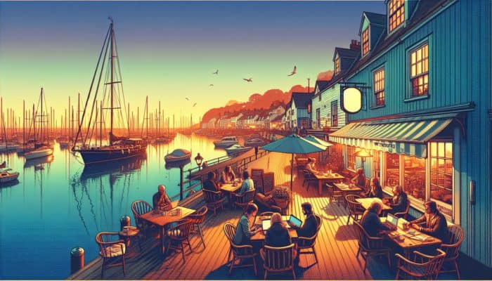 A tranquil Weymouth harbour at sunset, featuring experts engaged in blogging within a cosy café.