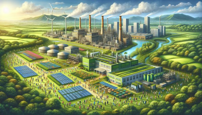 Diverse workers in eco-friendly factories with greenery, symbolising ethical sourcing and corporate sustainability commitment.