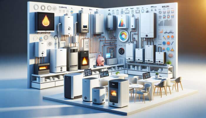 A showroom in Ladner, Delta showcasing various modern boilers with efficiency ratings and labels.