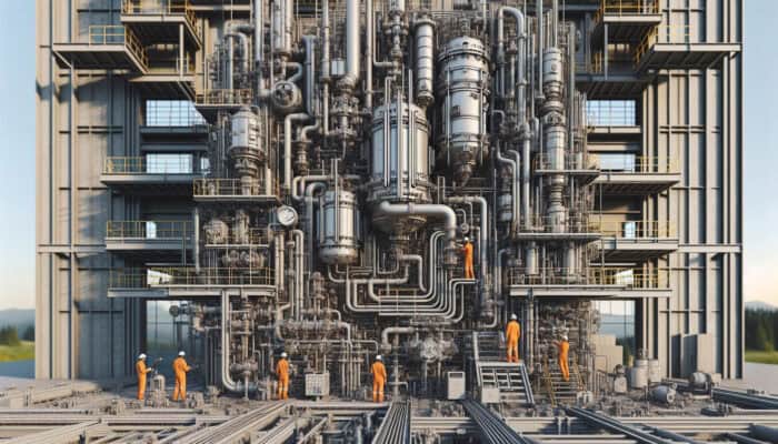 A modern boiler cross-section with pipes and valves, technicians servicing in an industrial setting in Ladner, Delta.