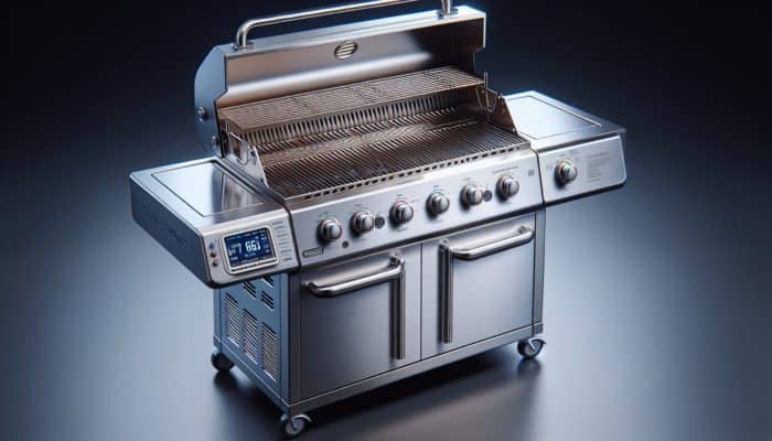 Clean stainless steel BBQ grill with shiny grates, empty grease tray, and digital thermometer showing 225°F to 450°F.