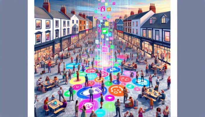 Dynamic Content Creation in Calne for Small Business: A bustling Calne town square with locals engaging with digital screens showing diverse content reflecting the town's culture.